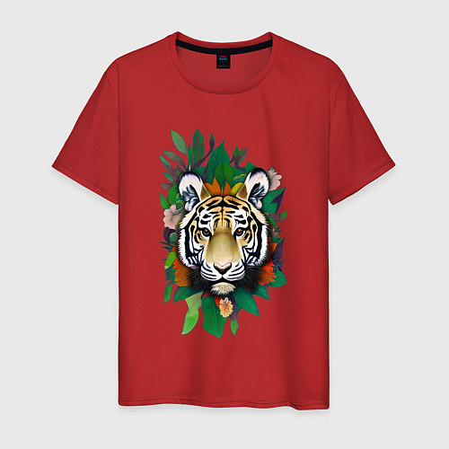Мужская футболка Голова Тигра среди листьев и цветов, Тигр символ 2 / Красный – фото 1