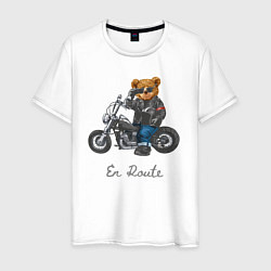 Футболка хлопковая мужская Крутой мотоциклист медведь, цвет: белый