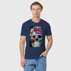 Футболка хлопковая мужская Череп с цветами и радугой, цвет: тёмно-синий — фото 2