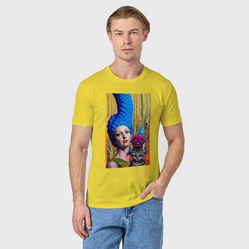 Мужская футболка Мардж Симпсон с кошкой - нейросеть - art / Желтый – фото 3