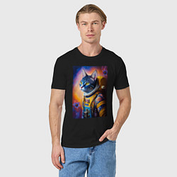 Футболка хлопковая мужская Кот космонавт - нейросеть, цвет: черный — фото 2