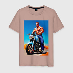 Футболка хлопковая мужская Arnold Schwarzenegger on a motorcycle -neural netw, цвет: пыльно-розовый