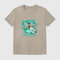 Футболка хлопковая мужская Венти анемо надписи, цвет: миндальный