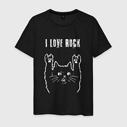 Футболка хлопковая мужская I love rock рок кот, цвет: черный