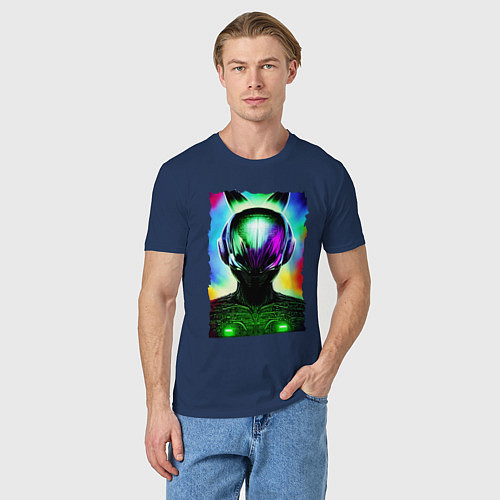 Мужская футболка Портрет пришельца - нейросеть - неоновое свечение / Тёмно-синий – фото 3