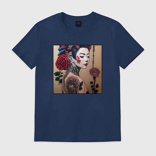 Мужская футболка Irezumi - гейша с татуировкой и розами / Тёмно-синий – фото 1
