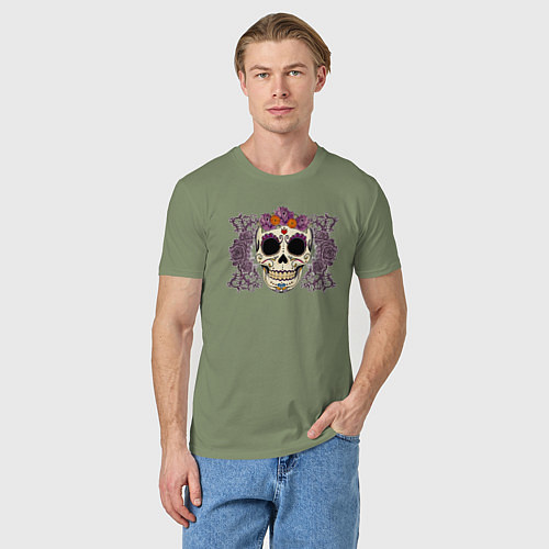 Мужская футболка Мексиканский череп и фиолетовый розы / Авокадо – фото 3
