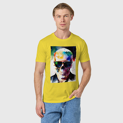 Мужская футболка Акварельный череп в очках / Желтый – фото 3