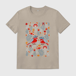 Футболка хлопковая мужская Снегири и цветы, цвет: миндальный
