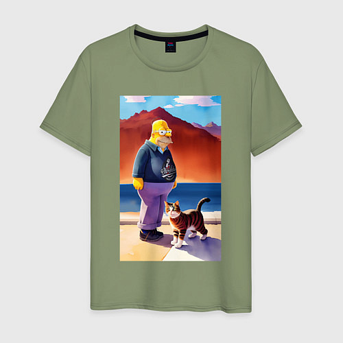 Мужская футболка Retired Homer Simpson walks with a cat / Авокадо – фото 1