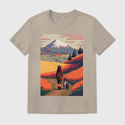 Футболка хлопковая мужская Девушка, выгуливающая собаку на полях Японии, цвет: миндальный