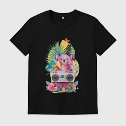 Мужская футболка Розовая коала с бумбоксом и тропическими листьями