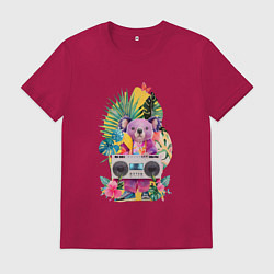 Мужская футболка Розовая коала с бумбоксом и тропическими листьями