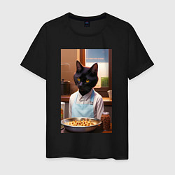 Футболка хлопковая мужская Кот повар с десертом, цвет: черный