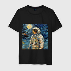 Футболка хлопковая мужская Космонавт на луне в стиле Ван Гог, цвет: черный