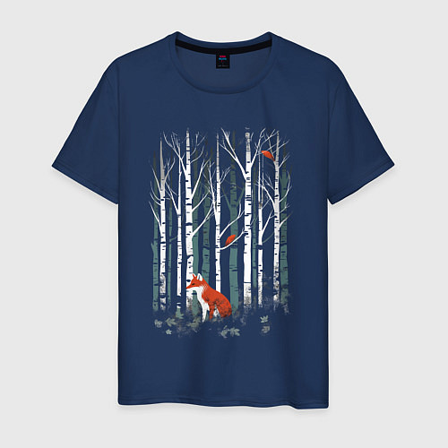 Мужская футболка Рыжая лиса в березовом лесу / Тёмно-синий – фото 1