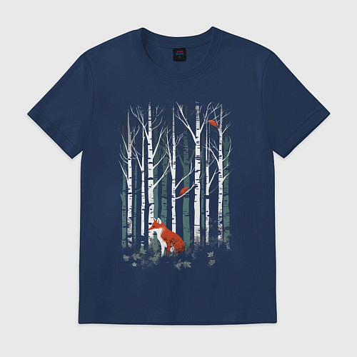 Мужская футболка Рыжая лиса в березовом лесу / Тёмно-синий – фото 1