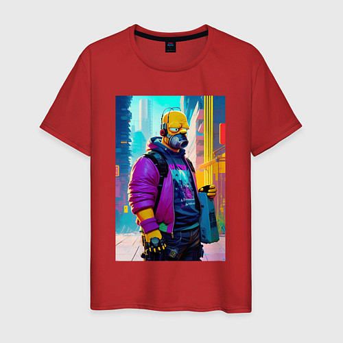 Мужская футболка Homer Simpson - city - cyberpunk / Красный – фото 1