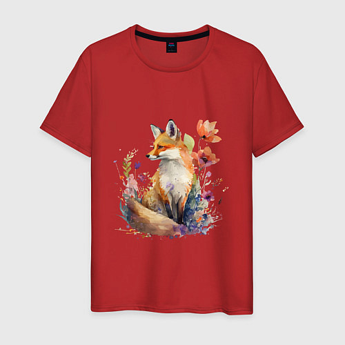Мужская футболка Акварельная милая лиса / Красный – фото 1