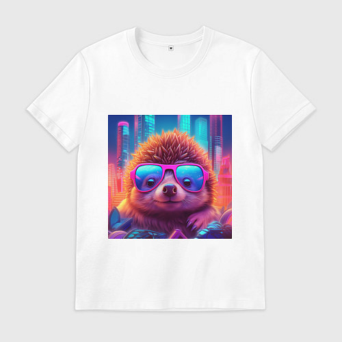 Мужская футболка Ежик в очках на фоне неонового города / Белый – фото 1