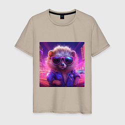 Футболка хлопковая мужская Еж в очках и неоновом свете, цвет: миндальный