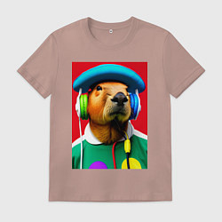 Мужская футболка Капибара в наушниках и шляпе - нейросеть