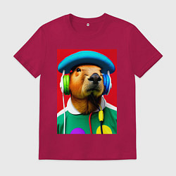 Мужская футболка Капибара в наушниках и шляпе - нейросеть