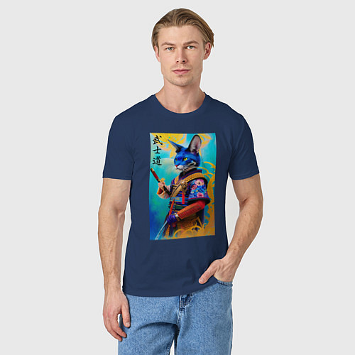 Мужская футболка Бусидо - кодекс самурая - кот - нейросеть / Тёмно-синий – фото 3