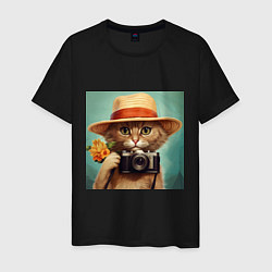Футболка хлопковая мужская Кот в соломенной шляпе с фотоаппаратом, цвет: черный