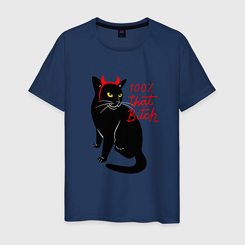 Мужская футболка Котик с рожками и надписью / Тёмно-синий – фото 1