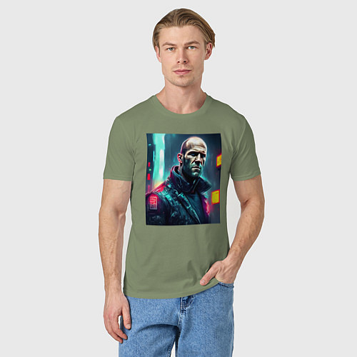 Мужская футболка Джейсон Стэтхэм киберпанк - нейросеть / Авокадо – фото 3