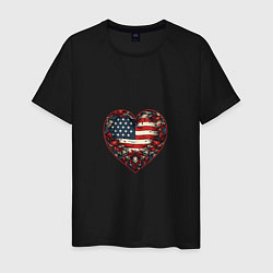 Футболка хлопковая мужская Сердце с цветами флаг США, цвет: черный