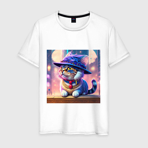 Мужская футболка Милый кот в шляпе / Белый – фото 1
