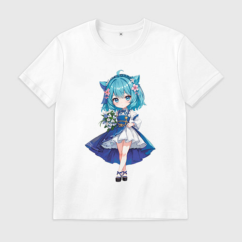 Мужская футболка Аниме девушка-кошка в синем платье с букетом цвето / Белый – фото 1