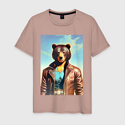 Футболка хлопковая мужская Cool bear in a leather jacket - neural network, цвет: пыльно-розовый