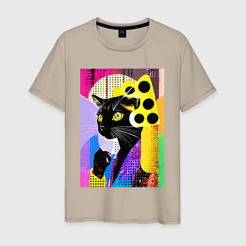 Мужская футболка Black cat cheese - pop art - poster / Миндальный – фото 1