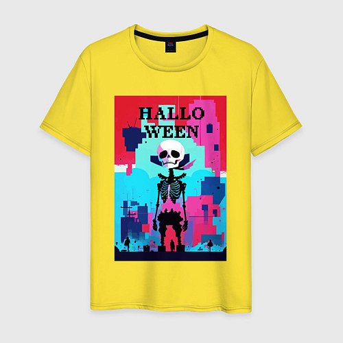 Мужская футболка Funny skeleton - pop art - pixels halloween / Желтый – фото 1