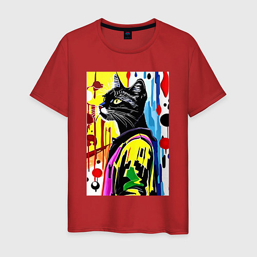 Мужская футболка Модный чёрный кот - поп-арт / Красный – фото 1
