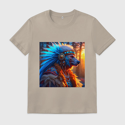 Мужская футболка Медведь-индеец от нейросети / Миндальный – фото 1