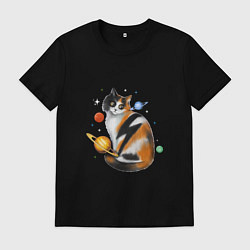 Мужская футболка Космическая кошка с планетами и молнией