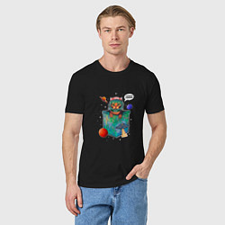 Футболка хлопковая мужская Кот космонавт в кармане, цвет: черный — фото 2