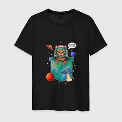Футболка хлопковая мужская Кот космонавт в кармане, цвет: черный