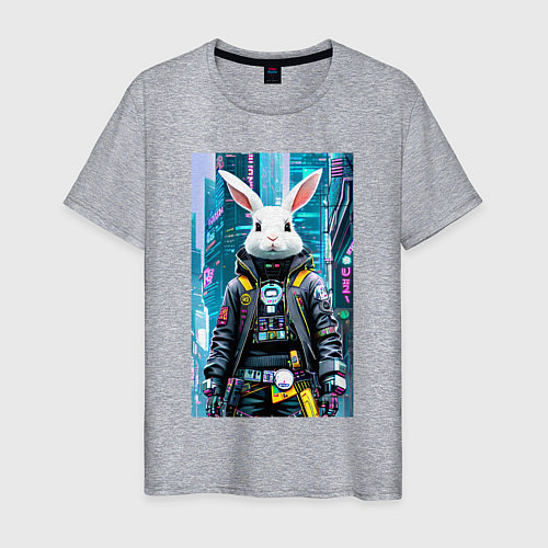 Мужская футболка Крутой заяц - киберпанк - нейросеть / Меланж – фото 1