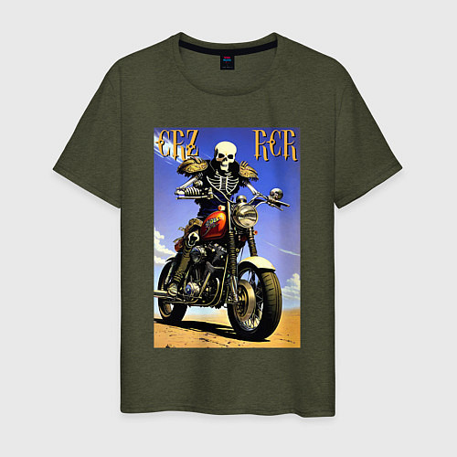 Мужская футболка Crazy racer - skeleton - motorcycle / Меланж-хаки – фото 1