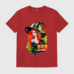 Мужская футболка Рыжая ведьма с тыквой и черным котом