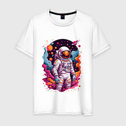 Футболка хлопковая мужская Космонавт в открытом космосе среди планет, цвет: белый