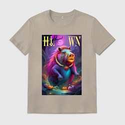 Футболка хлопковая мужская Свирепая капибара - хэллоуин - нейросеть, цвет: миндальный