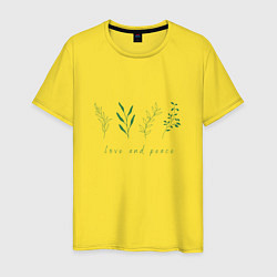 Футболка хлопковая мужская Зеленые растения мир и любовь, цвет: желтый