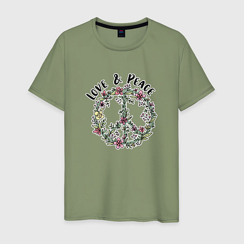 Мужская футболка Хиппи знак мира цветочный пастельный peace and lov / Авокадо – фото 1