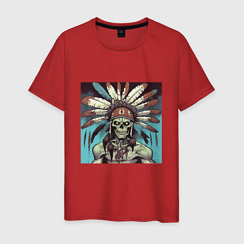 Мужская футболка Индеец зомби с перьями на голове / Красный – фото 1